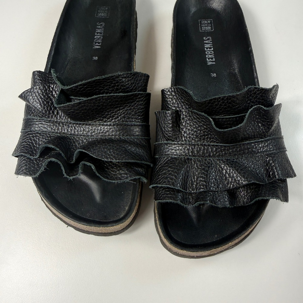 Verbenas Womens 38 Rocio Volante Black Ruffle Flat Cork Slide Sandals Slip On - Picture 5 of 9